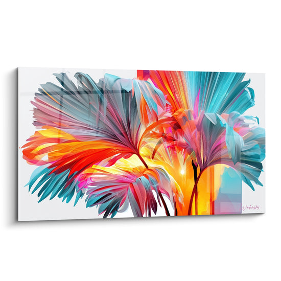 Feuilles de palmier turquoise et corail vibrantes traversées d'une lumière dorée intense sur fond blanc