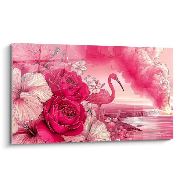 Tableau Flamant Rose et Fleurs Tropicales - Paradis Rose - édition Volcan