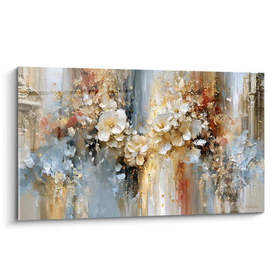 Fleurs blanches et dorées en coulures verticales, tableau fleur abstrait bleu ardoise et terracotta