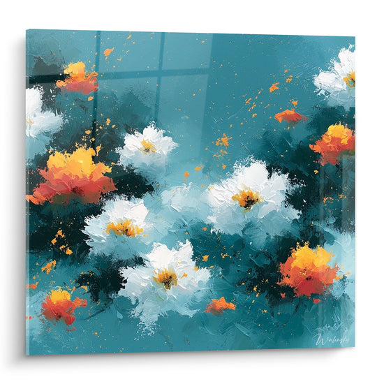 Fleurs blanches et orangées sur fond bleu pétrole, empâtements texturés en pleine lumière