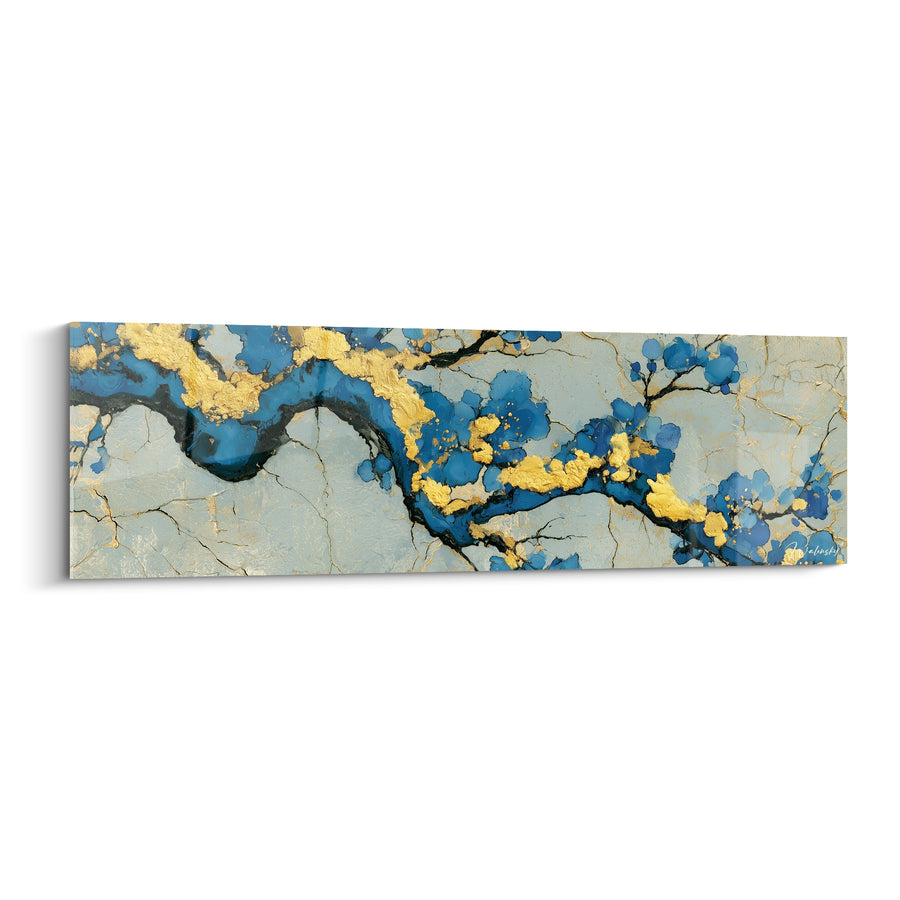 Tableau Branche fleurie bleue et dorée sur fond craquelé - Écorce fissurée argentée - Edition fleur abstrait