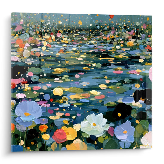 Fleurs abstraites bleu marine et jaune doré peintes en empâtements sur une surface d'eau sombre