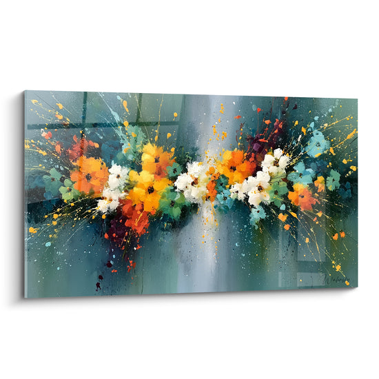Bouquet de fleurs abstrait orange, jaune et blanc sur fond bleu sarcelle éclaboussé de peinture