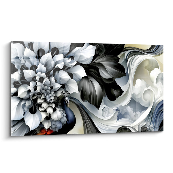 Tableau Paon blanc parmi fleurs noires - Grâce silencieuse - Edition fleur abstrait