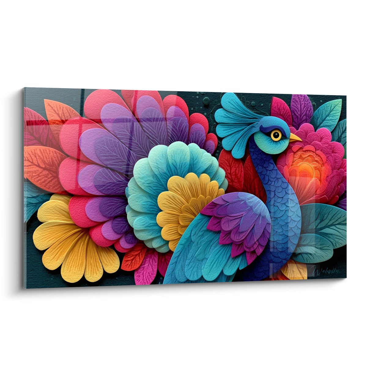 Paon fleur abstrait aux plumes turquoise et magenta, oeil doré, style texturé et coloré