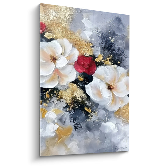 Roses blanches et rose rouge sur fond doré et gris anthracite, tableau fleur abstrait en gros plan