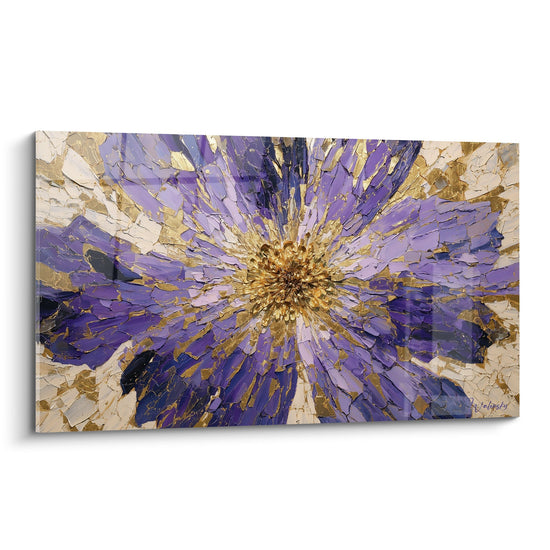Tableau fleur abstraite violette et doree texture craquelee rayonnement etoile feng shui sud est bois