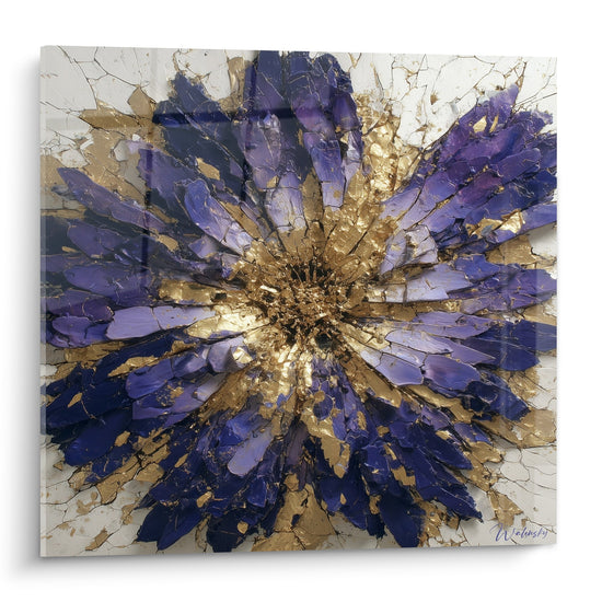 Tableau fleur abstraite violette et doree texture craquelée pétales rayonnants centre lumineux art contemporain