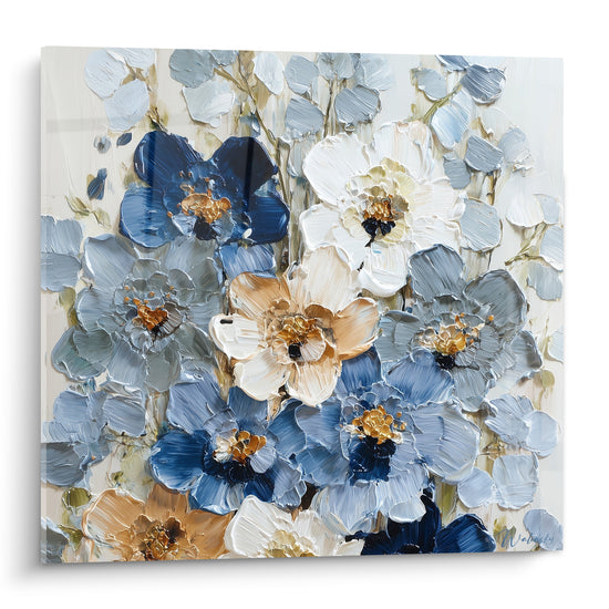 Bouquet de fleurs bleu marine et blanches en relief, pétales sculptés au couteau, cœurs dorés lumineux