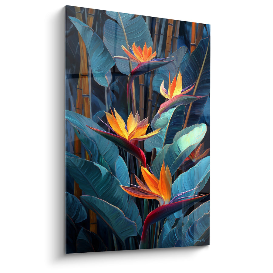 Tableau Oiseau de paradis orange et bleu sarcelle - Éveil tropical - Edition fleur nature