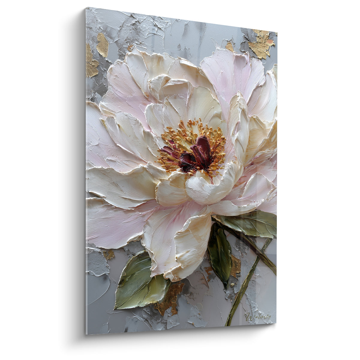 Pivoine blanche et rose aux reliefs sculptés, cœur doré et bordeaux sur fond gris texturé.