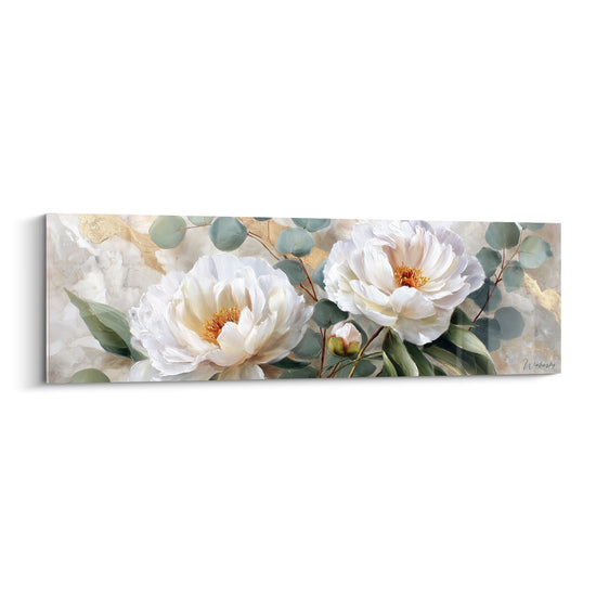 Pivoines blanches aux cœurs orangés peintes sur fond marbré beige et doré, style réaliste raffiné