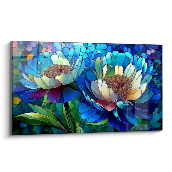 Tableau Pivoines bleu et vert en vitrail - Éclat de vitrail - Edition Fleur