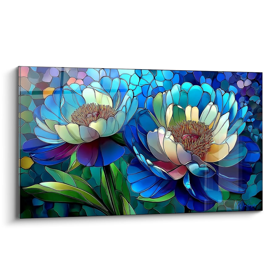 Tableau Pivoines bleu et vert en vitrail - Éclat de vitrail - Edition Fleur