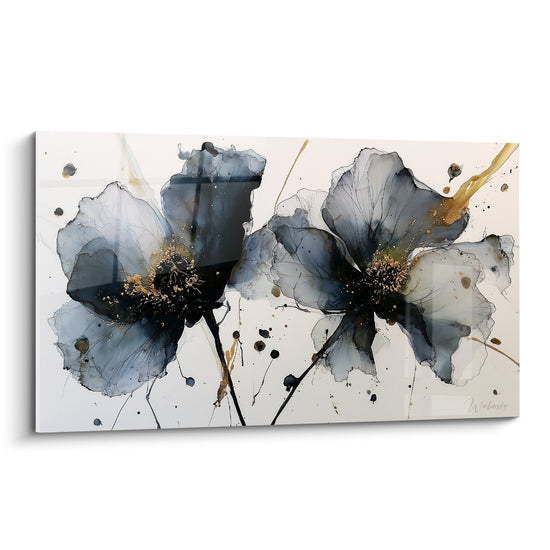 tableau fleurs aquarelles grises touches dorees eclaboussures encre fond blanc style moderne elegant marbre abstrait