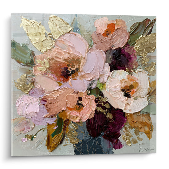 Tableau fleurs roses bordeaux touches dorees feng shui sud ouest terre decoration murale