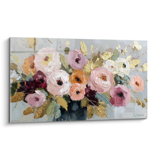Tableau floral aux tons rose et or, bouquet de fleurs peintes sur fond gris, style feng shui sud-ouest terre