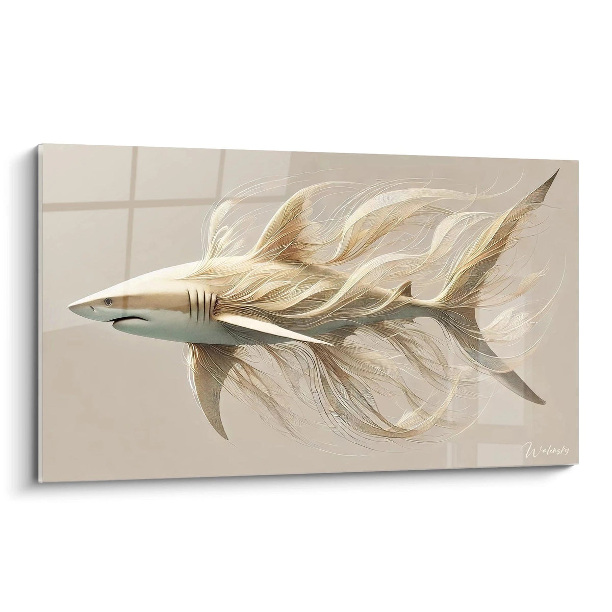 tableau requin au design ethéré vu de biais revelant la fluidité de ses lignes subtiles evoquant un requin en mouvement parfait pour un interieur moderne minimaliste

