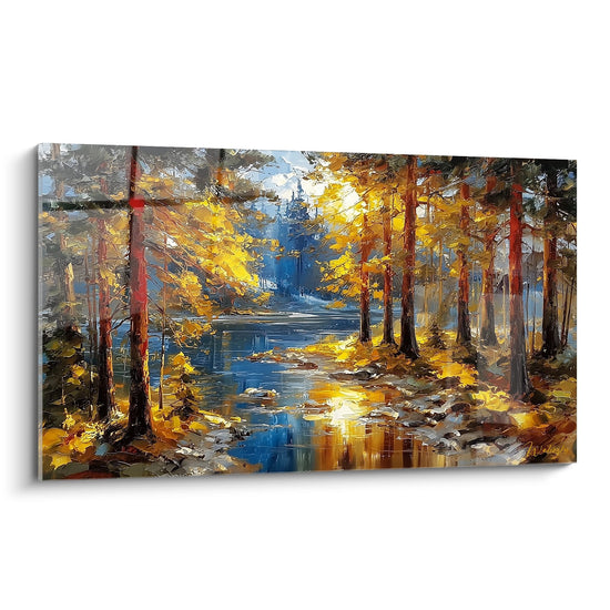 Tableau mural forêt automnale avec rivière et reflets dorés style impressionniste pour décoration nature