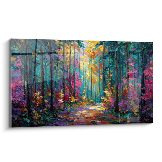 Tableau foret automnale violette avec sentier dore, style impressionniste moderne aux tons pourpres et oranges