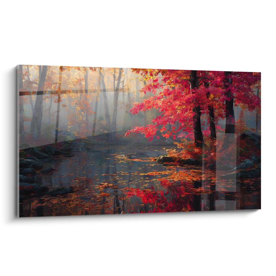 Tableau forêt d'automne au lac - Reflets pourpres - édition lac
