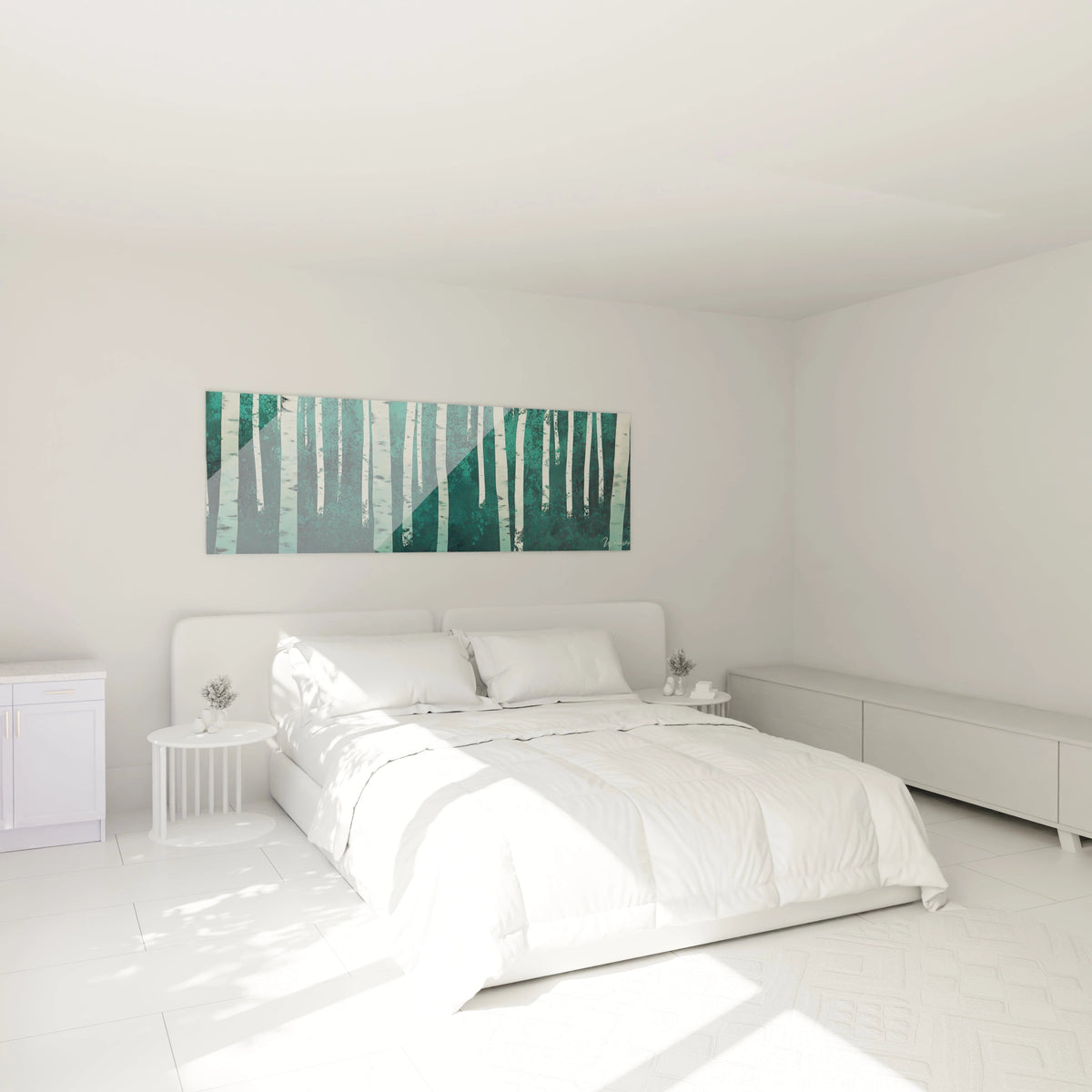 Tableau forêt Walensky avec arbres blancs et verts suspendu au-dessus d'un lit blanc dans une chambre minimaliste