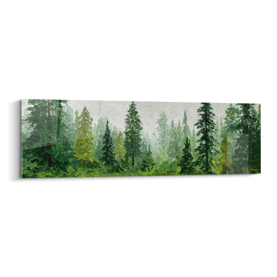 tableau panoramique foret coniferes verts brume matinale tons jade emeraude feng shui est bois
