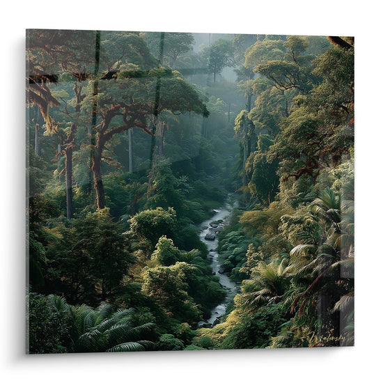 Tableau forêt tropicale mystérieuse avec rivière serpentante et végétation luxuriante pour décoration murale nature