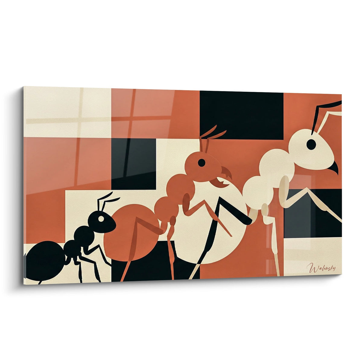 Tableau moderne fourmis stylisees tons terracotta creme sur carrelage geometrique edition fourmie