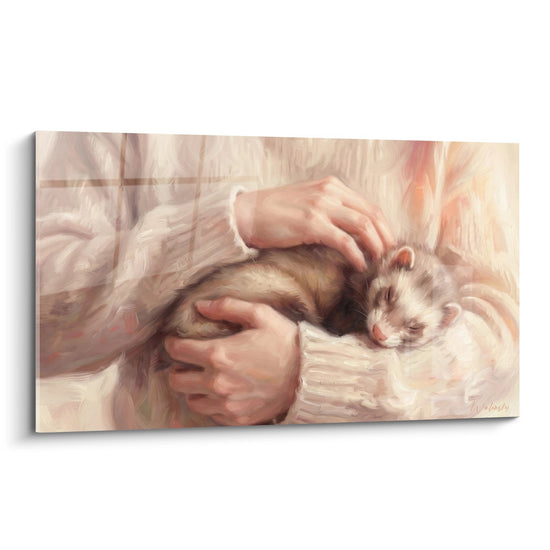 Tableau furet endormi entre mains protectrices tons dores roses edition furet decoration murale