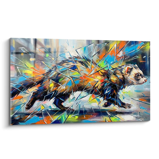 Tableau furet style graffiti avec eclats multicolores bleus oranges verts sur fond urbain contemporain