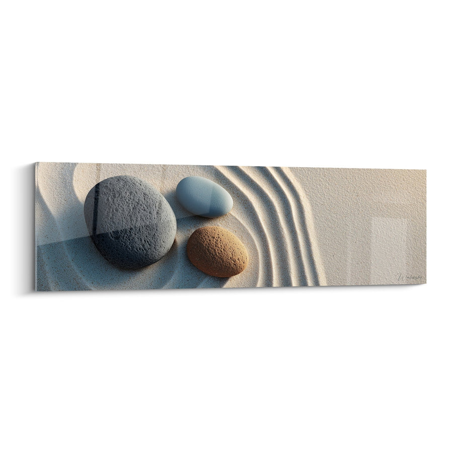 Tableau pierres zen et ondulations dorées dans le sable - Sérénité minérale - Edition Sable