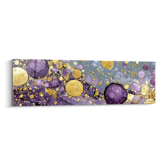 Sphères violettes et dorées entremêlées dans ce tableau géométrique abstrait aux effets fluides