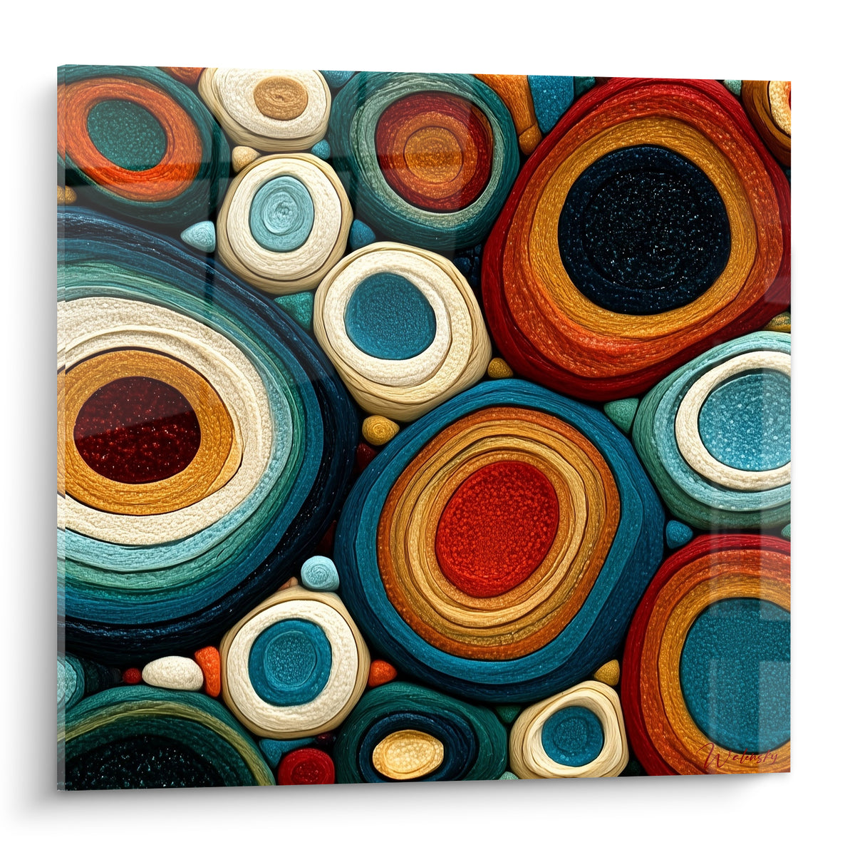 Cercles concentriques bleu pétrole, terracotta et doré composant un tableau géometrique abstrait texturé