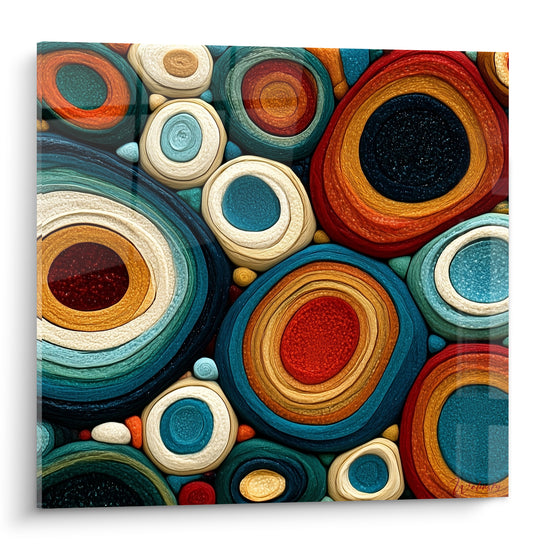 Cercles concentriques bleu pétrole, terracotta et doré composant un tableau géometrique abstrait texturé
