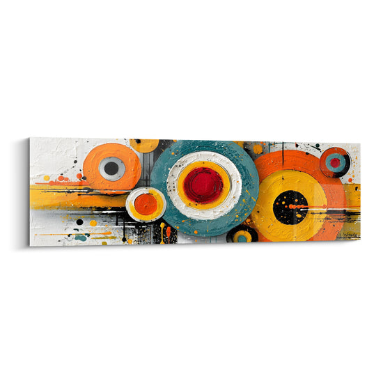 Cercles concentriques orange, sarcelle et rouge en relief sur fond blanc texturé, tableau géométrique abstrait