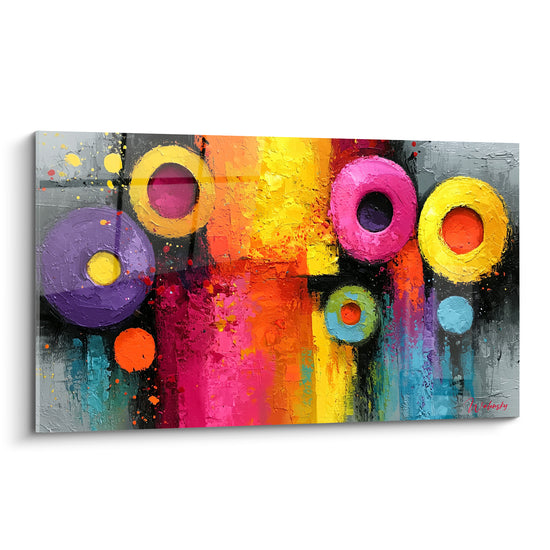 Cercles concentriques roses, jaunes et violets sur fond anthracite texturé, tableau géometrique abstrait