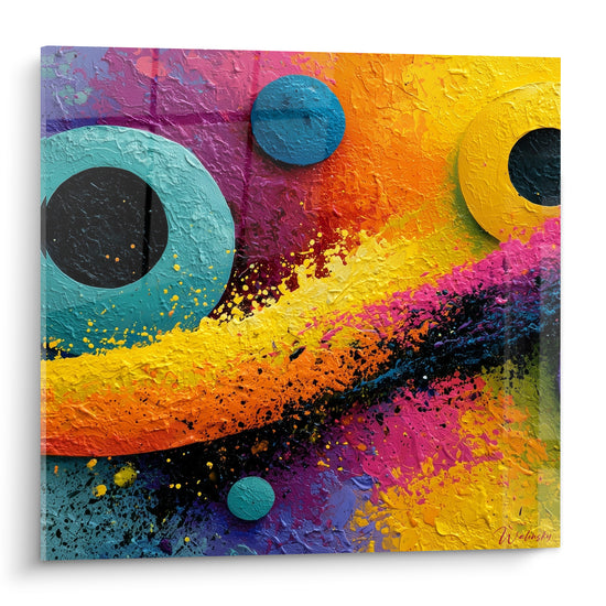 Cercles turquoise et jaune éclaboussés de rose et noir sur ce tableau géométrique abstrait texturé