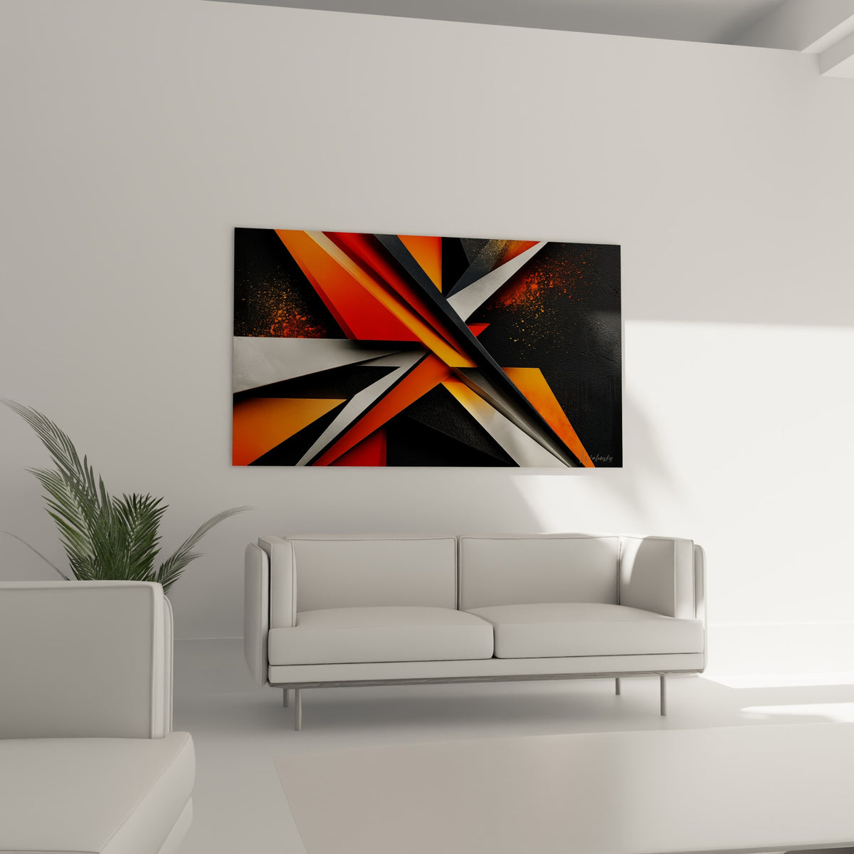 Lignes triangulaires rouge et argenté traversant une composition sombre, au-dessus d'un canapé dans un salon lumineux