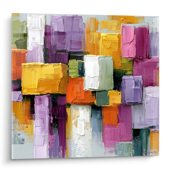 Mosaïque de blocs mauve, safran et fuchsia texturés à la spatule, tableau géométrique abstrait plein cadre