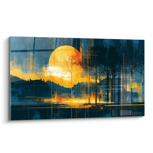 Tableau Soleil bleu et doré traversant la forêt - Lueur crépusculaire - Edition géometrique abstrait