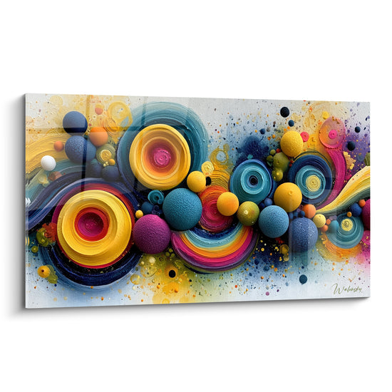 Spirales dorées et bleu paon composent ce tableau géométrique abstrait aux sphères texturées vibrantes