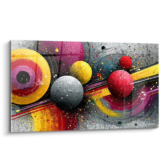 Sphères granuleuses rouge et jaune flottant sur fond gris moucheté, cercles concentriques magenta