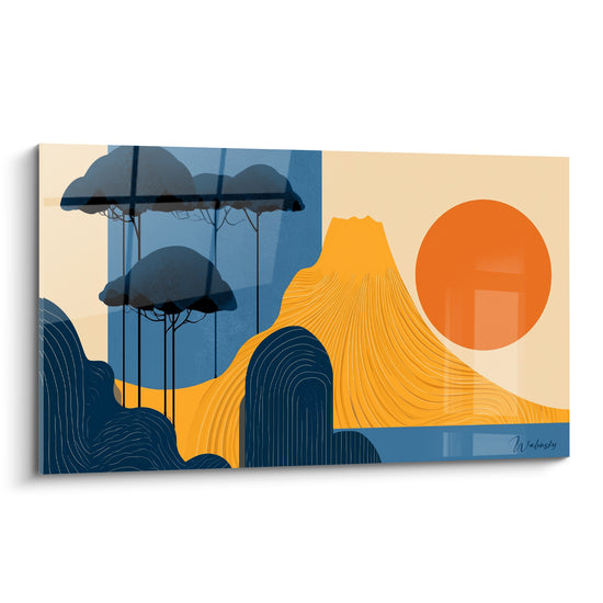 Volcan doré aux lignes fluides face à un soleil orange, silhouettes d'arbres bleu marine, style géometrique abstrait