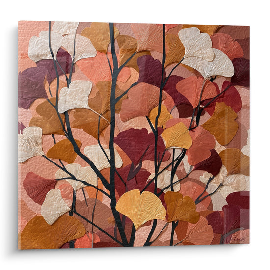 Tableau artistique feuilles ginkgo automnales corail bordeaux ocre sur branches noires fond rose decoration murale