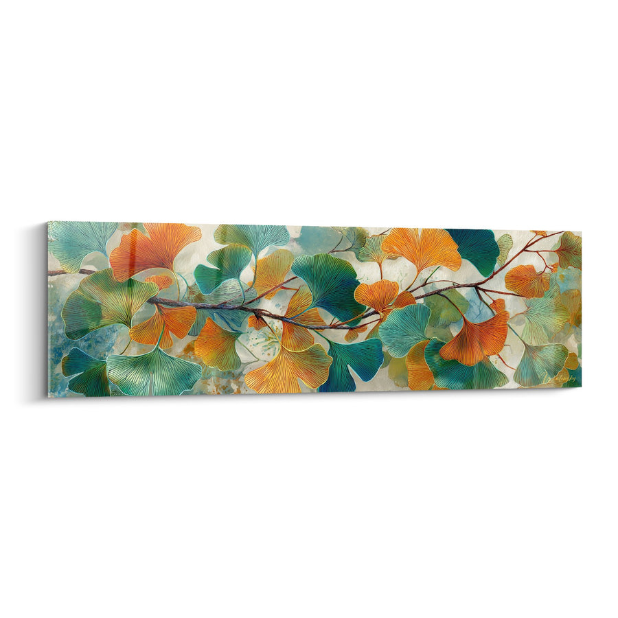 Tableau feuillage décoratif aux teintes dorées et turquoise sur branches - Symphonie automnale - Edition Ginkgo