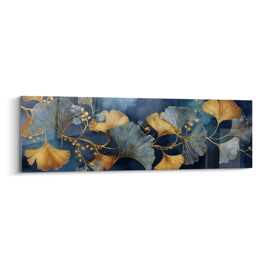 Tableau feuilles dorées et bleues sur fond marine - Feuillage luxueux - Edition Ginkgo