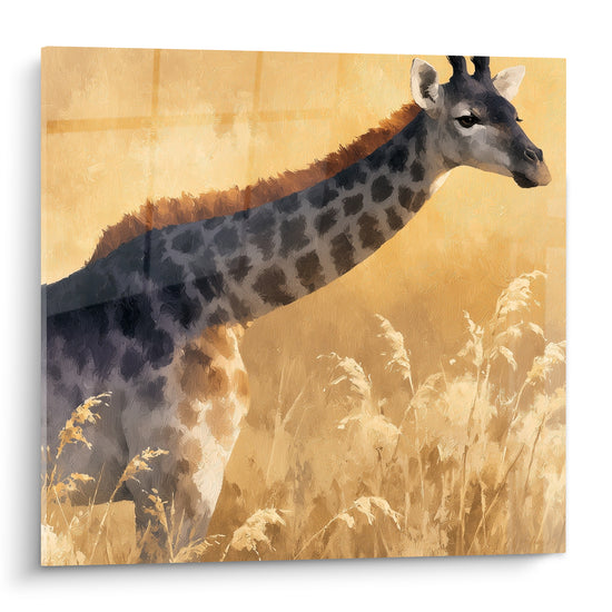 Girafe anthracite au cou élancé se détachant sur un fond ocre et doré de savane