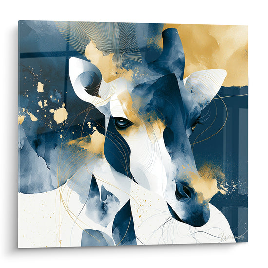 Girafe en portrait bleu marine et doré, regard intense et éclaboussures aquarelle sur fond blanc