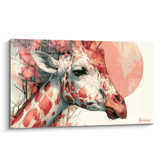 Girafe au regard doux, taches corail et blanches, fond rose poudré style aquarelle raffiné